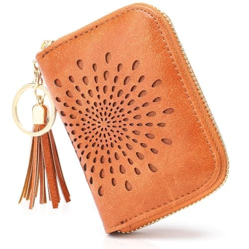 Image of APHISON Credit Card Holder RFID Blocking Leather for Women Small Zipper Card Case with 10 Card Slots 1 ID Window 2 Cash Pockets & Removable Keychain (Sunflower)