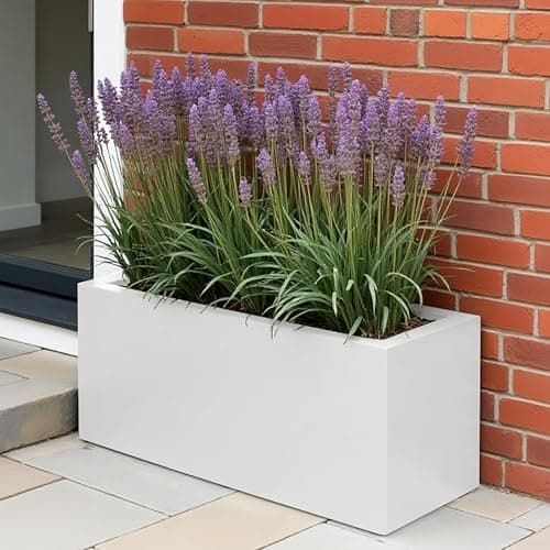 Image of IDEALIST 65cm Large Trough | White Reinforced Stone Rectangle Plant Pot | Garden Planters with Drainage Holes L65 W19 H30 cm, 37 litres