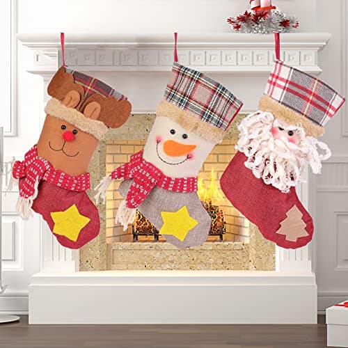Image of Ailvor Christmas Stockings, 3 Pack Personalised Christmas Stockings, Hanging Xmas Stocking, Sock Sack Christmas Bag, Santa/Snowman/Reindeer Styles - for Fireplace, Xmas Tree, Christmas Decorations