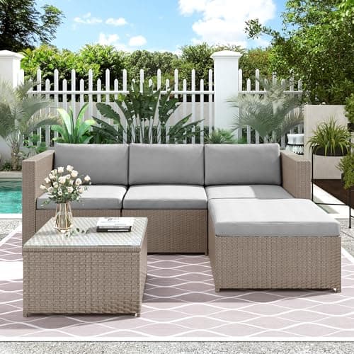 Image of BTM 4 Seater Garden Corner Sofa, PE Rattan Garden Furniture Set with Coffee Table, Khaki