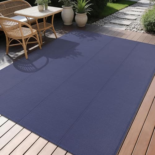 Image of smiry Waterproof Outdoor Rug for Patio, UV Resistant Anti-Slip Garden Rugs Lightweight Foldable Easy Clean Plastic Straw Carpet Mat for Camping, Deck, Beach, Backyard, 120 x 180 cm, Navy Blue