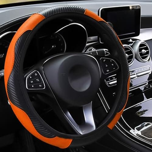 Image of LMYDIDO Car Steering Wheel Cover Leather, Anti-slip Breathable Carbon Fiber Sports Elastic Band Without Inner Ring Steering Wheel Cover Universal Size 37-39cm /14.5-15 (Orange)