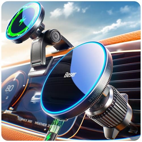 Image of Beser 15W for MagSafe Car Mount Charger, (4.16 lbf) Strong Magnetic, Qi Wireless Charger for Car, Vent/Dashboard, Phone Holder for iPhone 16/15/14/13/12 Series, Mini, Aluminium, A33, Black