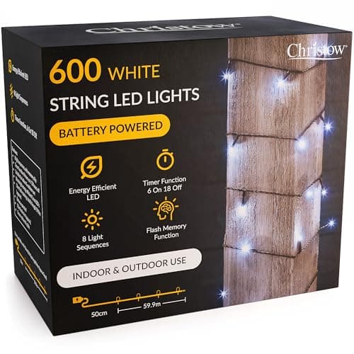Image of CHRISTOW Christmas Fairy Lights Battery Operated, White LED String Lighting with Timer, Indoor & Outdoor, 8 Light Modes Flashing & Static, Green Cable (600 LED / 60m Lit Length)