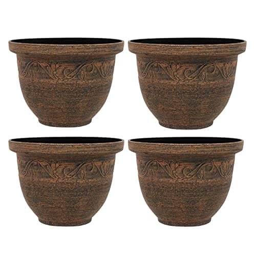 Image of simpa Kingscliffe Rustic Effect Plastic Planter Pots - BRONZE, Set of 4 Pots - 23cm (H) x 30cm Diameter.