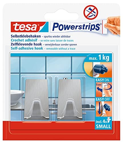 Image of tesa Powerstrips Hook - Self-Adhesive Wall Hook for Glass, Tiles, Wood, Plastic and Other Surfaces - Metal Round Hook - Powerstrips Technology - Small - Rectangular