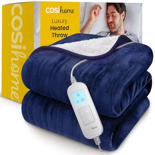 Image of Cosi Home® Luxury Heated Throw - Electric Blanket - Extra Large Heated Blanket, Machine Washable Fleece & Sherpa with Digital Remote, 10hr Timer and 10 Heat Settings (Navy)