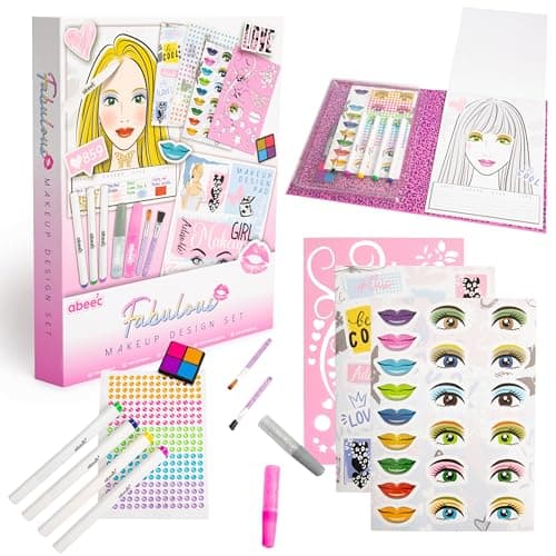 Image of abeec Fashion Designer Kit for Girls | Makeup Design Set with 20 Page Drawing Pad, Stencils, Stickers, Adhesive Gems, Brush Markers & Glitter Glue | Creative Craft Gift for Girls Ages 5+