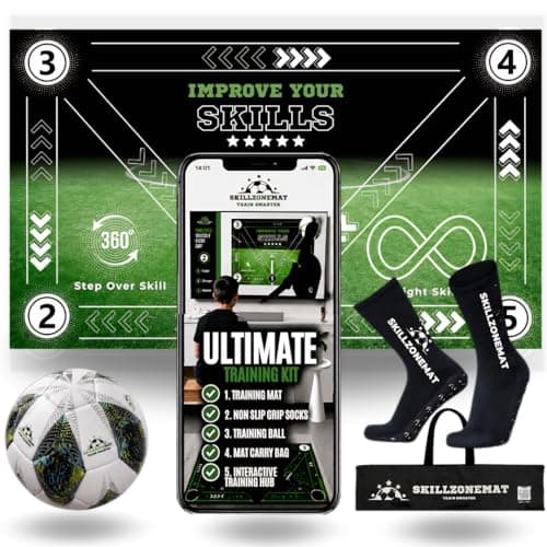 Image of SkillZone Soccer Training Mat with Ball – Dribbling & Footwork Trainer | Indoor/Outdoor Soccer Training Kit with Video Hub, Grip Socks & Carry Bag | Control & Agility Practice (MIdnight Strike With