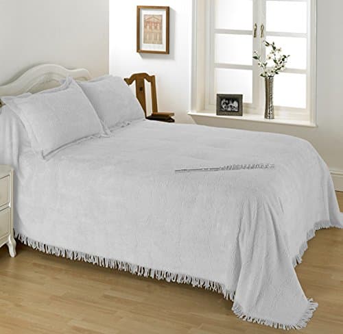 Image of Diana Cowpe Candlewick Geneva Bedspread WHITE Bed Throw/Blanket | Soft Traditional Bedspread Cotton Chenille & Fringed Edges with Wave Design | SINGLE BEDSPREAD 193x260cm