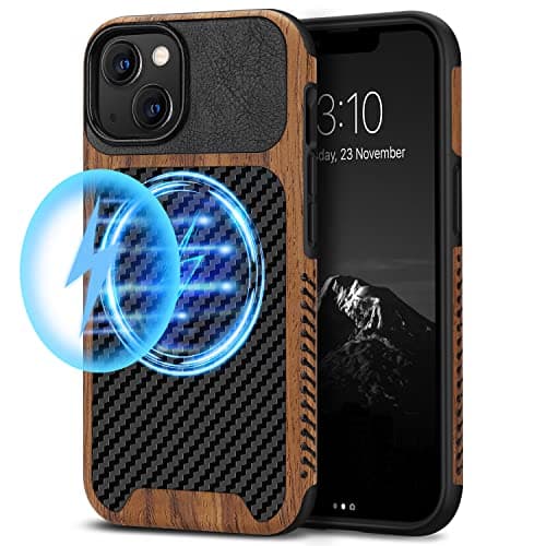Image of TENDLIN Magnetic Case Compatible with iPhone 13 Mini Case Wood Grain with Carbon Fiber Texture Design Leather Hybrid Slim Case (Compatible with MagSafe) Black
