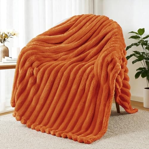 Image of Exclusivo Mezcla Fleece Throw Blanket for Sofa, Super Soft Striped Jacquard Bed Blanket, Lightweight Fuzzy Cozy for All Seasons, 127x152 CM, Burnt Orange