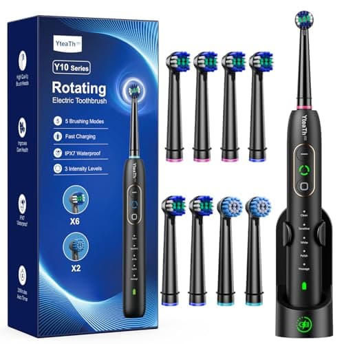 Image of Rotating Electric Toothbrush with 8 Brush Heads for Adults and Kids, 3 Intensities 5 Modes, Wireless Wall Charging Station, Sonic Toothbrush with 2-Minute Smart Timer (Black)