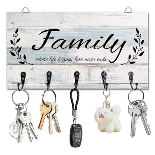 Image of DELORIGIN Key Holder Key Hooks Organizer Hanger Rack Family Wall Mounted Wooden Key Rack with 5 Key Hooks for Home Entryway Front Door Kitchen Hallway Bedroom Wall Decorative Key Storage
