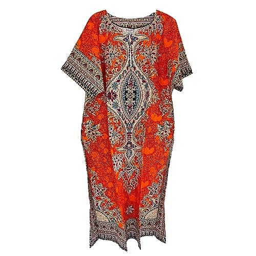 Image of Kiran Fashion New Ladies Cotton Long Kaftan Dress Summer African Dashiki Beach Cover Up One Size (Orange)