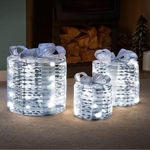 Image of Marco Paul Light Up Present Boxes with Warm White LED Lights - Set of 3 Silver Faux Pre-Lit Christmas Decorations with Timer Function - Battery Powered Festive Home Decor Gift Boxes for Tree & Table