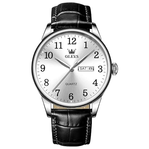 Image of OLEVS Mens Watch Black Leather Strap Adjustable Analog Quartz Watches Men Big Face White Arabic Numerals Dial Dress Watches for Men Minimalist Waterproof with Day Date Men's Wrist Watch