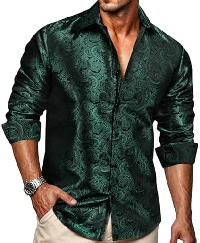 Image of Ailisus Gradient Dark Green Men's Silk Shirts Paisley Long Sleeve Button Down Dress Shirt Western Casual Designer Tops Woven Party Wedding