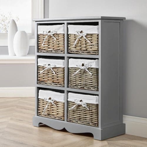 Image of Home Source Bedroom Wooden Storage Unit, Woven Willow Wicker Baskets, 6 Drawer Wide Cabinet Chest, Grey