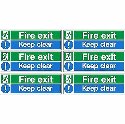 Image of Pack of 6 Fire Exit Keep Clear Signs 300mm x 100mm - Self Adhesive