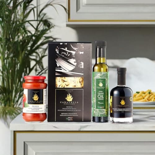 Image of Caravella Fine Food - Italian Gourmet Tasting & Gift set "Classico" - Selection of artisan Pasta, EVO Olive oil, Basil sauce, Blasamic Vinegar from Modena IGP - Food Gifts & Hampers for any occasion