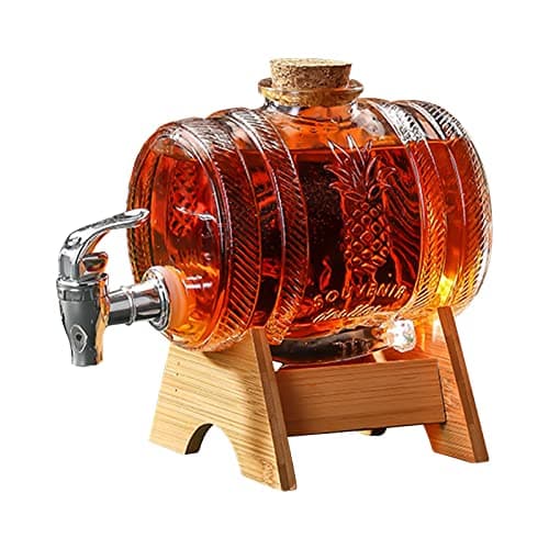 Image of Whiskey Decanter Set, Barrel Glass Dispenser with Tap and Wooden Stand Set, 1L Drink Dispenser for Beer Wine Scotch Bourbon Lemonade Liquor Party Drink, Gifts for Men Husband Boyfriend Father