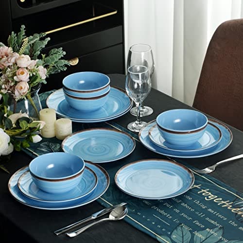 Image of Melamine Dinnerware Set, Plates And Bowls Sets for 4, 12PCS Blue Color Dinnerware Sets, Unbreakable Dinnerware Dishwasher Safe BPA Free(Blue)