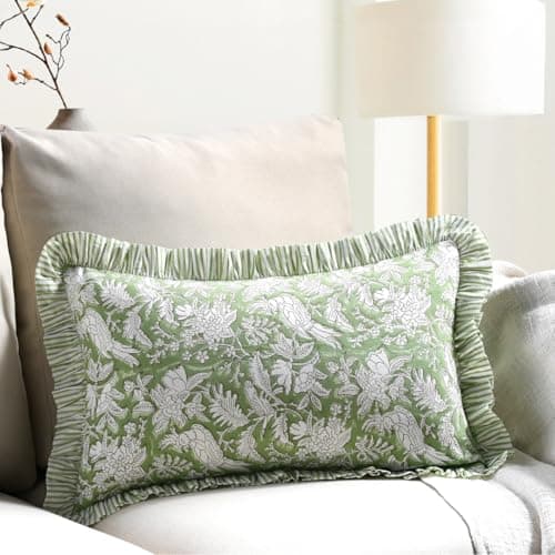 Image of CPC Olive Green 100% Cotton Block Print Ruffle Sham Cover 12x20 inch, Handmade Boho Floral Pillowcase, Farmhouse Cottagecore Bedding, Soft Decorative Cushion Cover for Bedroom Décor