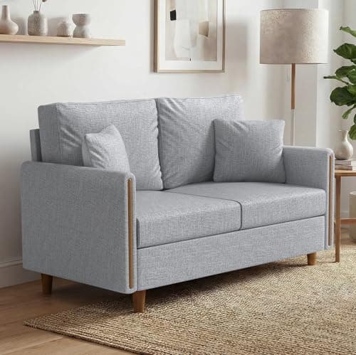 Image of Yvsevnr Small 2 Seater Sofa Grey Modern Love Sofa with Thick Cushions and 2 Pillows Loveseat Sofa Couch with Solid Wood Legs for Dorm, Office, Bedroom, Living Room Furniture