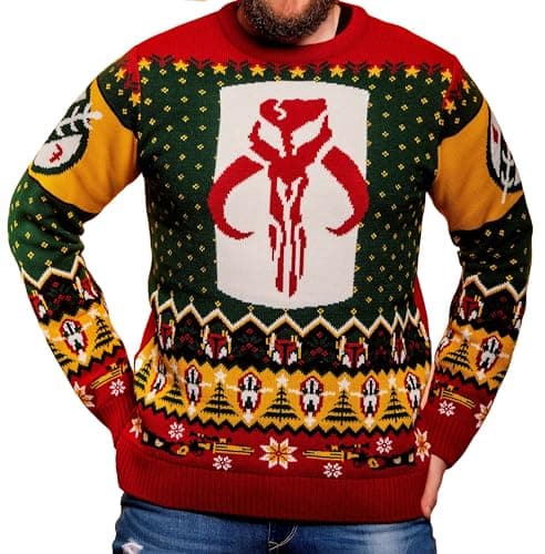 Image of Star Wars Mandalorian Boba Fett Knitted Christmas Jumper Unisex for Men or Women - Ugly Sweater Gift (Size: M)