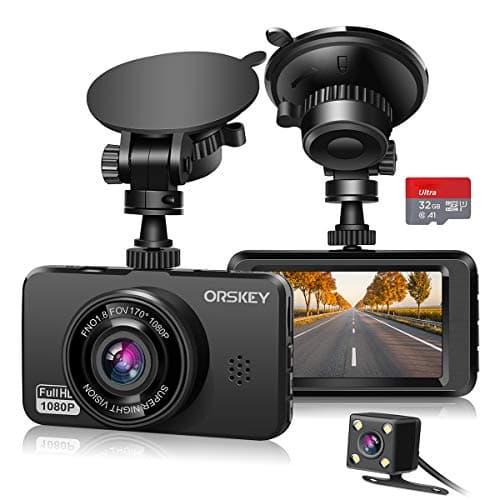 Image of ORSKEY Dash Cam for Cars Front and Rear and SD Card Included 1080P Full HD In Car Camera Dual Lens Dashcam for Cars 170 Wide Angle Sony Sensor with Loop Recording and G-sensor