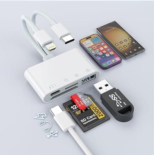 Image of USB C Lightning SD TF Card Reader, 4-in-2 Memory Card Reader for iPhone 15/iPad/Mac/Laptop, Dual Connector Digital Camera Card Adapter with SD+TF+USB OTG+USB C Charging for Photography, Plug and Play