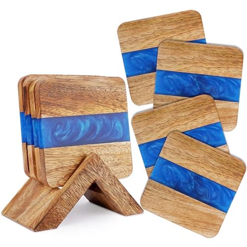 Image of Ajuny Wood & Resin Coasters Set of 4 Blue Dual-Tone Handmade Square Non-Slip Drink Mats, Protectors for Tea, Coffee & Wine, Ideal Housewarming Gift