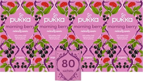 Image of Pukka Herbs, Morning Berry Organic Herbal Tea, Blackcurrant, Blackberry & Spearmint, Caffeine Free, 20 Teabags (4 Pack)