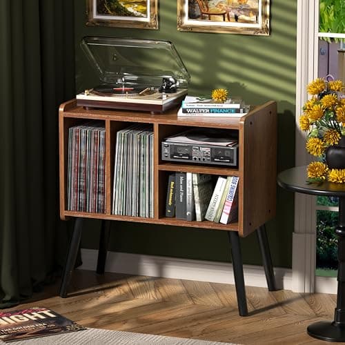 Image of UODERS Record Player Table, Mid-Century Record Player Stand with Vinyl Storage Hold Up to 150+ Albums, Vinyl Record Cabinet with Adjustable Shelves, Wood Turntable Stand for Music Living Room, Oak