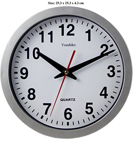 Image of Youshiko Stylish Silver & White Bold Classic Quartz Wall Clock Non Ticking Silent (25cm / 10-Inch Diameter), Home/Kitchen/Office/School Clock, Easy to Read