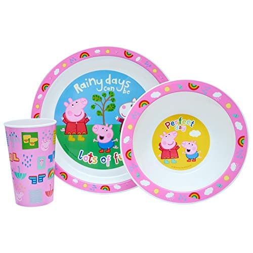 Image of Peppa Pig Perfect Day Kids Tableware 3 Piece Reusable PP Plate, Bowl & Cup Children – Peppa, George Tumbler & Dinnerware Set for Mealtimes – for 24 Months & Up, Re-usable Plastic, Pink