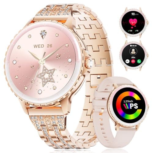 Image of LIGE Smart Watch Women Phone Call 1.27" HD Round Stainless Steel Fitness Tracker Elegant Diamond Smartwatch for Android iOS,100+ Sports Modes,Heart Rate,Sleep Monitor,Menstrual Cycle,Rose Gold