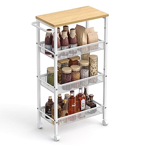 Image of VASAGLE 4-Tier Trolley, Space-Saving Kitchen Cart with Castors, 22 cm Deep, Steel Frame, Handle, Trolley for Small Spaces, Kitchen Bathroom Living Room Studio, Oak Beige and White LRC033W09