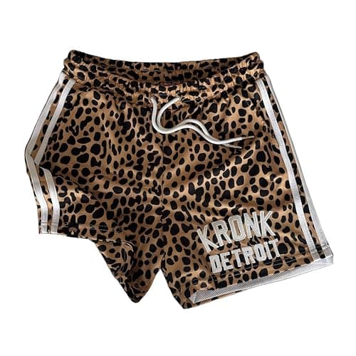 Image of Kronk Iconic Detroit Gym Shorts – 100% Polyester Men’s Training Shorts – Leopard Print with a White Trim & Embroidered Logo – Lightweight Athletic Boxing & Fitness Wear
