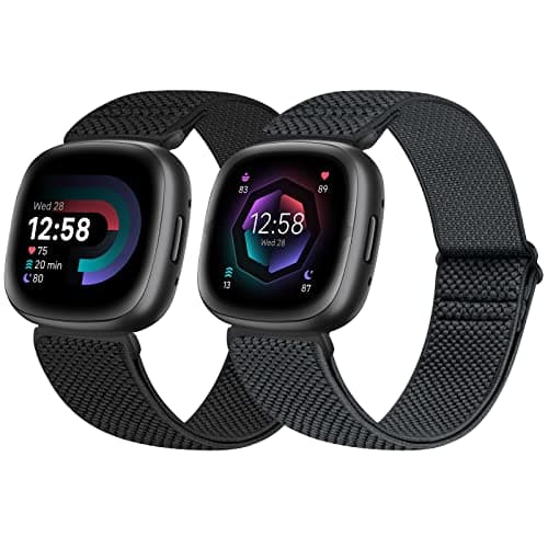 Image of enkic 2 Pack Elastic Watch Strap Compatible with Fitbit Versa 4/3/Sense 2/Sense, Adjustable Nylon Loop Sport Strap, Stretchy Replacement Wristband, Black+Gray