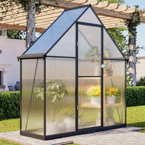 Image of BIRCHTREE 6X2FT Walk-In Greenhouse Outdoor, Polycarbonate Green House Aluminium Frame, Integrated Rain Gutters, Rainproof Snow&Frost Protection for Garden Plants Steeple Plastic Grow House Dark Grey