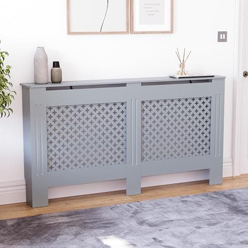 Image of Vida Designs Oxford Radiator Cover Grey - Large - Traditional Cross Pattern Design For Optimal Heat Circulation - H82xW152xD19cm - Painted MDF Cabinet Ideal For Living Room & Hallway