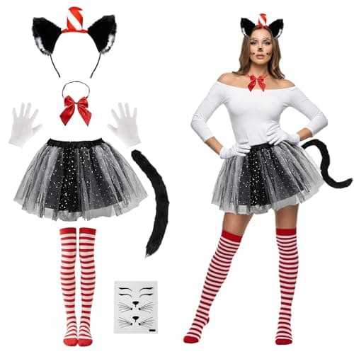Image of 7Pcs Adult Carnival Crazy Cat Fancy Dress Costume, Cat Animal Costume Accessory Set Cat Cosplay Outfit Cat Ear Top Hat Tutu Skirt Bow TieTail Socks Gloves Sticker for Women Party World Book Day