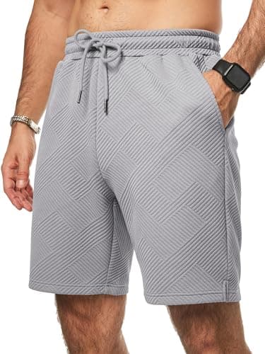 Image of Elegancity Mens Casual Shorts 7 Inch Summer Drawstring Elastic Waist Beach Texture Mens Lounge Shorts with Pockets,Grey L