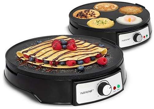 Image of NutriChef Pancake Maker Electric Crepe Machine – Non-Stick Reversible 30 cm Hot Plate with Temperature Control & LED Light, Cook Crepes, Eggs, Omelettes | Includes Batter Spreader & Wooden Spatula
