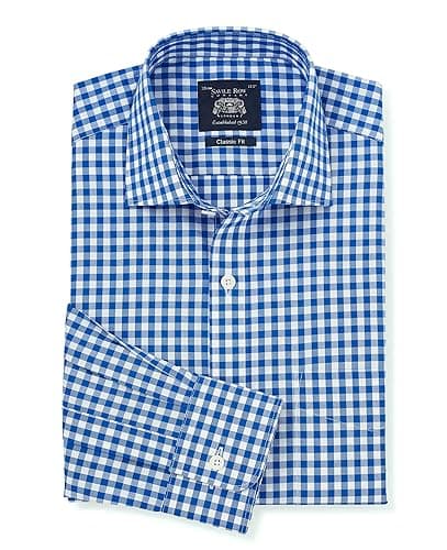 Image of THE SAVILE ROW COMPANY LONDON Men's Classic Fit Cotton Poplin Long Sleeve Formal Dress Shirt - Single Cuff - Bold Blue Gingham Check - 16.5" Collar - Standard