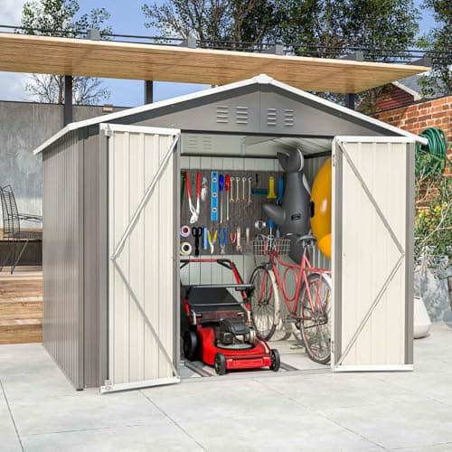 Image of BIRCHTREE Garden Shed Metal Apex Roof 8FT X 6FT Outdoor Storage With Free Foundation Grey