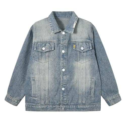 Image of Rolanko Boys Denim Jacket Button Down Distressed Jean Trucker Jacket Casual Outwear Coat for Kids, Blue, 140, 9-10 Years
