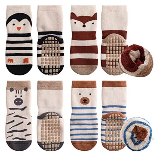 Image of Simpeak Toddler Socks, 4 Pairs Kids Socks in Autumn and Winter Non Skid Kids Toddler Socks with Grips Children Gift Socks for Boys Girls 1-3 Year - 1